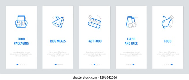 Food packaging, Kids Meals, Fast food, Fresh and Juice, Food Vertical Cards with strong metaphors. Template for website design.