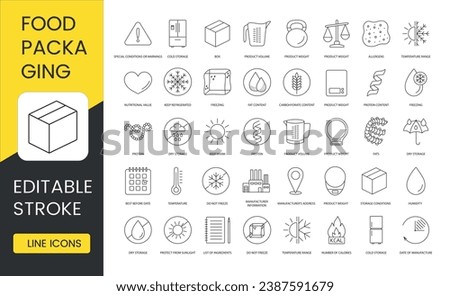 Food Packaging Marks, Vector Line Icons Set, Editable Stroke, Product Weight and Volume, Allergens, List of Ingredients, Special Conditions or Warnings, Manufacturer Address, Manufacturer Information