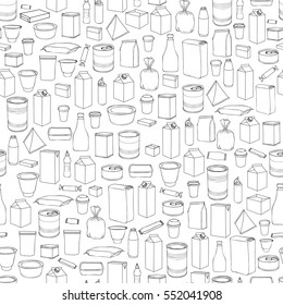 Food Packaging Seamless Pattern. Different Package Outline Doodle Drawn Icon Tile Background