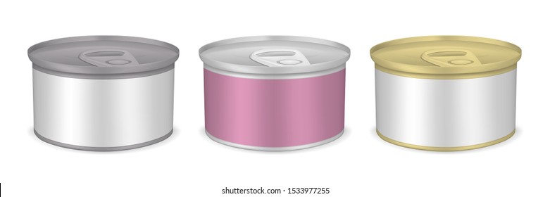 Food Packaging Set. Small Tin Can With Pull Tab Lid And Blank Label, Vector Mockup. Silver And Golden Metal Round Canisters, Template. Easy To Recolor.