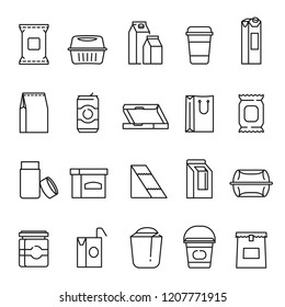 Food packaging symbols, line art icon set. Containers, packaging materials for processed and raw foods, beverages. Vector line art illustration on white background