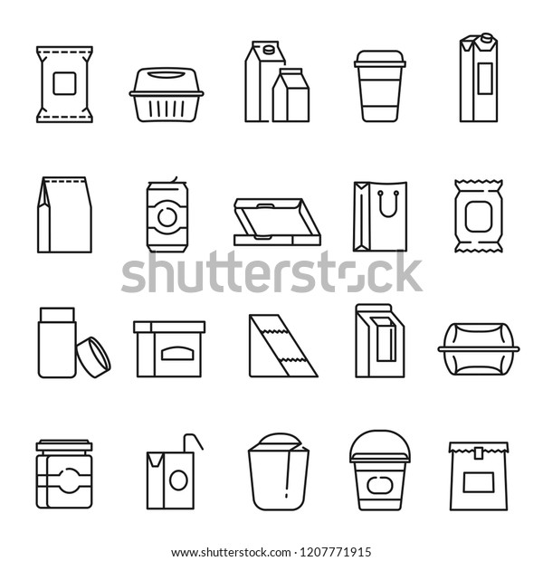 Food packaging symbols,\
line art icon set. Containers, packaging materials for processed\
and raw foods, beverages. Vector line art illustration on white\
background