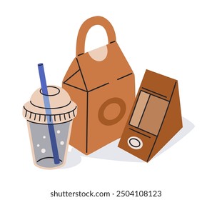 Food packaging. Takeaway fast food paper or cardboard containers, food delivery paper box, bag and plastic cup flat vector illustration. Hand drawn food boxes on white