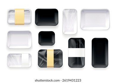 Tabuleiros de embalagem de alimentos. Recipiente de vácuo de plástico para refeições prontas ou produtos hortícolas congelados pacote mockup, caixa de celofane clara bandeja vazia de isopor, ilustração vetorial exata realista obra de arte original