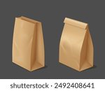 Food packaging. Vector 3D illustration of a brown paper bag: open and closed layout, ideal for take-out lunch, snacks and drinks. Realistic eco friendly package design on isolated dark background.