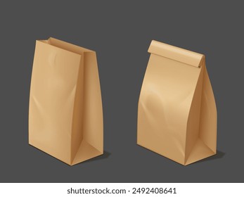 Food packaging. Vector 3D illustration of a brown paper bag: open and closed layout, ideal for take-out lunch, snacks and drinks. Realistic eco friendly package design on isolated dark background.