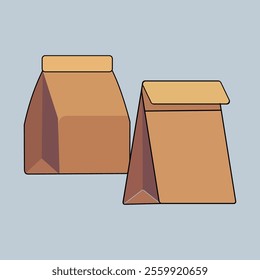 Food packaging. Vector illustration of a brown paper bag, ideal for lunch, snacks and drinks. Realistic eco-friendly packaging design on isolated light blue background