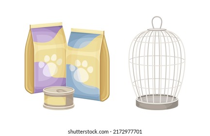 Food packagings for pets and metal wire cage. Pet supplies and accessories set cartoon vector illustration