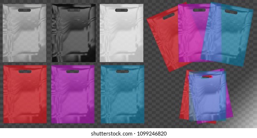 Food packaging,transparent colorful plastic bags,vector set mock up