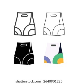Food packet vector with outline and fill icon set,food delivery and sale offer bag set. Fashion paper package, buy fresh salad and shopping mall bags icons.