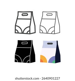 Food packet vector with outline and fill icon set,food delivery and sale offer bag set. Fashion paper package, buy fresh salad and shopping mall bags icons.