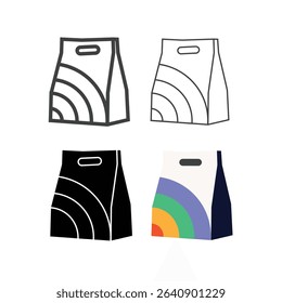 Food packet vector with outline and fill icon set,food delivery and sale offer bag set. Fashion paper package, buy fresh salad and shopping mall bags icons.