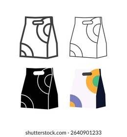 Food packet vector with outline and fill icon set,food delivery and sale offer bag set. Fashion paper package, buy fresh salad and shopping mall bags icons.