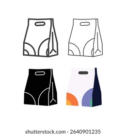 Food packet vector with outline and fill icon set,food delivery and sale offer bag set. Fashion paper package, buy fresh salad and shopping mall bags icons.