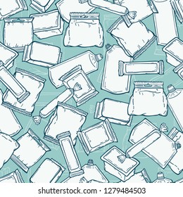 Food Packing. Plastic Packaging Vector Seamless Pattern.  Repeating background with with Hand Drawn Sketch Plastic Package for Goods