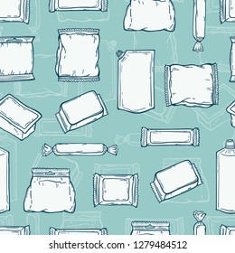 Food Packing. Plastic Packaging Vector Seamless Pattern.  Repeating background with with Hand Drawn Sketch Plastic Package for Goods