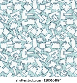 Food Packing. Plastic Packaging Vector Seamless Pattern.  Repeating background with with Hand Drawn Sketch Plastic Package for Goods
