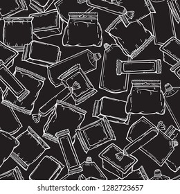Food Packing. Plastic Packaging Vector Seamless Pattern.  Repeating background with with Hand Drawn Sketch Plastic Package for Goods