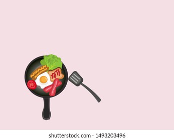 The food in the pan has a fried egg, vegetables, sausage, bacon bread.