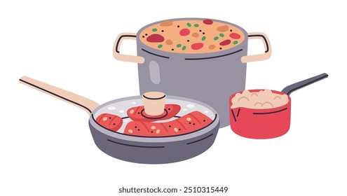 Food in pans and pots. Home cooked dishes, soup, fried eggs and porridge flat vector illustration. Dinner or breakfast dishes on white
