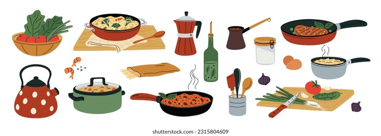 Food in pans and saucepans. Cooking process. Kitchen dishes with products. Meal preparation. Raw and boiled products. Cutting vegetable salad. Isolated kettle and pot