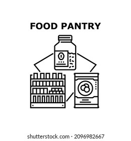 Food pantry box bank. Meal can. Hunger donation. Charity grocery drive. Soup store vector concept black illustration