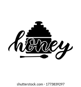 Food Pantry Custom Labels. Container Stickers. Honey, Silhouette Of Pot Hand Lettering. Script. Vector Illustration. Kitchen Tag For Decoration, Packaging Design. Black Color. Logo Of Shop, Market, St