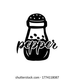 Food Pantry Custom Labels. Container Stickers. Pepper, Silhouette Of Glass Jar Pot Hand Lettering. Script. Vector Illustration. Kitchen Tag For Decoration, Packaging Design. Black Color