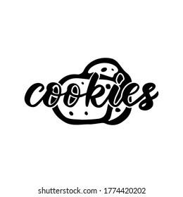 Food Pantry Custom Labels. Container Stickers. Cookies, Silhouette Of Biscuits Hand Lettering. Script. Vector Illustration. Kitchen Tag For Decoration, Packaging Design. Black Color