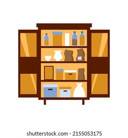 Food pantry. Kitchen cabinet full of groceries, canned goods and supplies. Icon for website, app about groceries, delivery, storage, cleaning and order. Vector flat illustration, cartoon style.