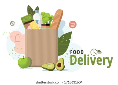 Food in paper bag. Food delivery service concept, online order. Vector Illustration