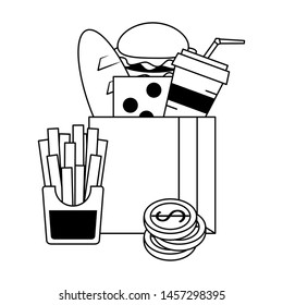 Food in paper bag and french fries with coins vector illustration graphic design