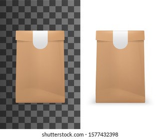 Food Paper Bag Package 3d Mockup Model Template. Vector Isolated Realistic Brown Paper Bag Pouch, Folded With Sticker Label Seal, Bakery, Grocery Store Or Shop And Fast Food Package