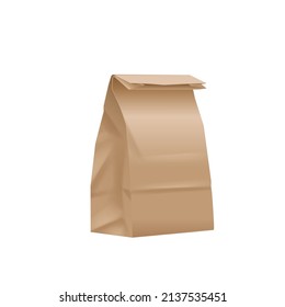 Food Paper Bag Package 3d Mockup Template. Isolated Realistic Brown Paper Bag Pouch, Folded For Takeaway Bakery, Grocery Store Or Shop And Fast Food Package. Vector Illustration