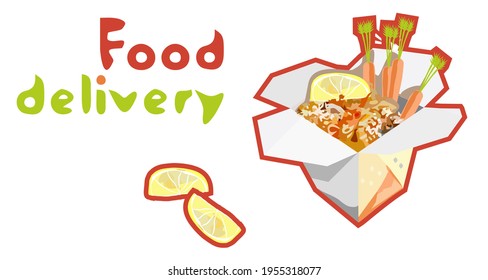 
Food in a paper box with vegetables. Illustration on the theme of online food delivery, diet food, vegetarianism. Vector.