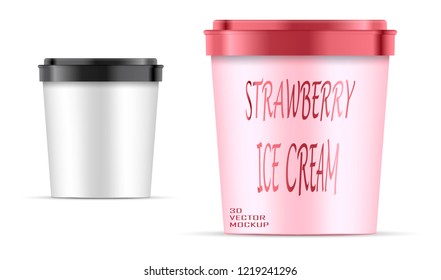 Food paper bucket Container For Dessert, Yogurt, Ice Cream, Sour Sream Or Snack. Realistic pot with plastic lid template and sample container design 3d mockup. Product Packaging Vector EPS10