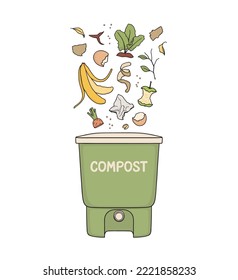 Food and paper scraps falling into composting bin. Home composting, Organic waste recycling, Zero waste lifestyle concept