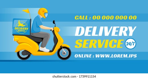 Food or parcel delivery. Courier rides on yellow scooter with parcel box at the backside. Ecological and fast delivery service in the city. Blue background with place for text. Vector illustration.