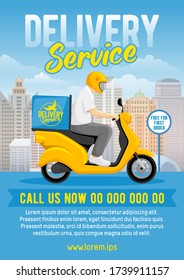 Food or parcel delivery. Courier rides on yellow scooter with parcel box at the backside. Fast delivery service in the city. Background with cityscape and place for text. Vector illustration.