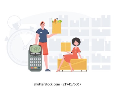Food and parcel delivery people team. Ready made poster on the topic Products for the home. about food delivery. trendy style. Vector.