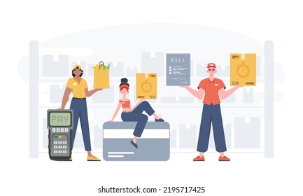 Food and parcel delivery people team. Delivery concept. Finished banner. trendy style. Vector.