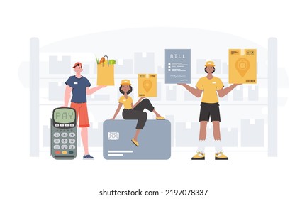 Food and parcel delivery people team. Home products. Food delivery. Finished poster. Trendy flat style. Vector.