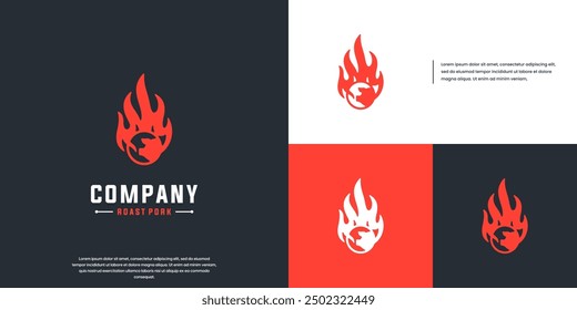 food party logo with pig head and fire , design graphic illustration.