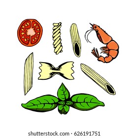 Food, pasta, cherry,basil, shrimp object.Hand drawn.Isolated on white background. Vector