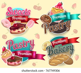 Food, pastry, bakery, sweets, bread vector label set. Sticker emblem food template collection.