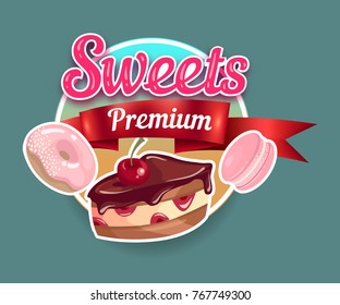 Food, pastry, bakery, sweets vector label. Sticker emblem food template collection.