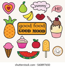 Food patches design vector emblem. Cute badges with fruits, sweets and quote. 
