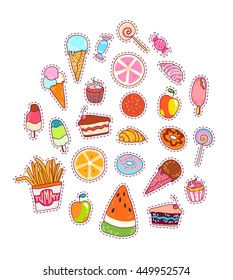 Food patches set, colorful collection. Doodle cakes, chips, ice cream, fruits, tasty donuts, baking, French fries, orange, decorative cute elements. Hand drawn vector illustration.