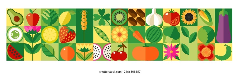 Patrón alimenticio. Frutas y verduras Abstractas. Collage de Formas cuadradas. Logo de la línea ECO. Planta hojas verdes. Productos agrícolas. mosaico geométrico. Ingredientes naturales agrícolas. Fondo de Vector Bauhaus