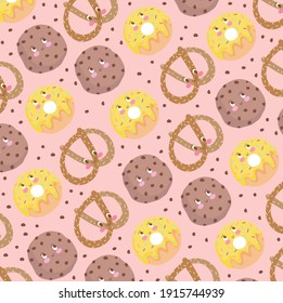 patrón de comida galleta pretzel y no graciosos dibujos animados felices ilustración vectorial